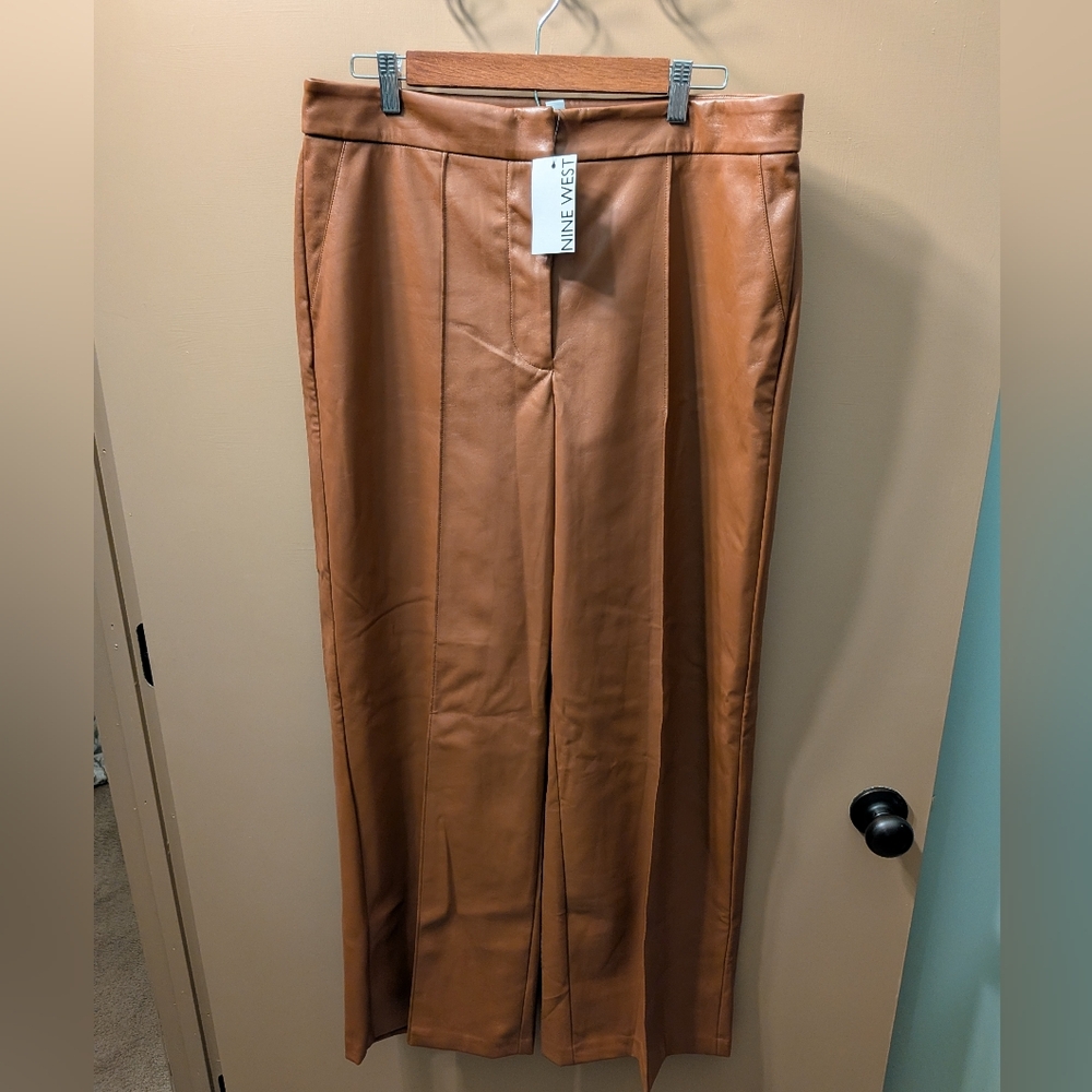 Nine West Women's Tan Straight Leg Faux Leather Pants